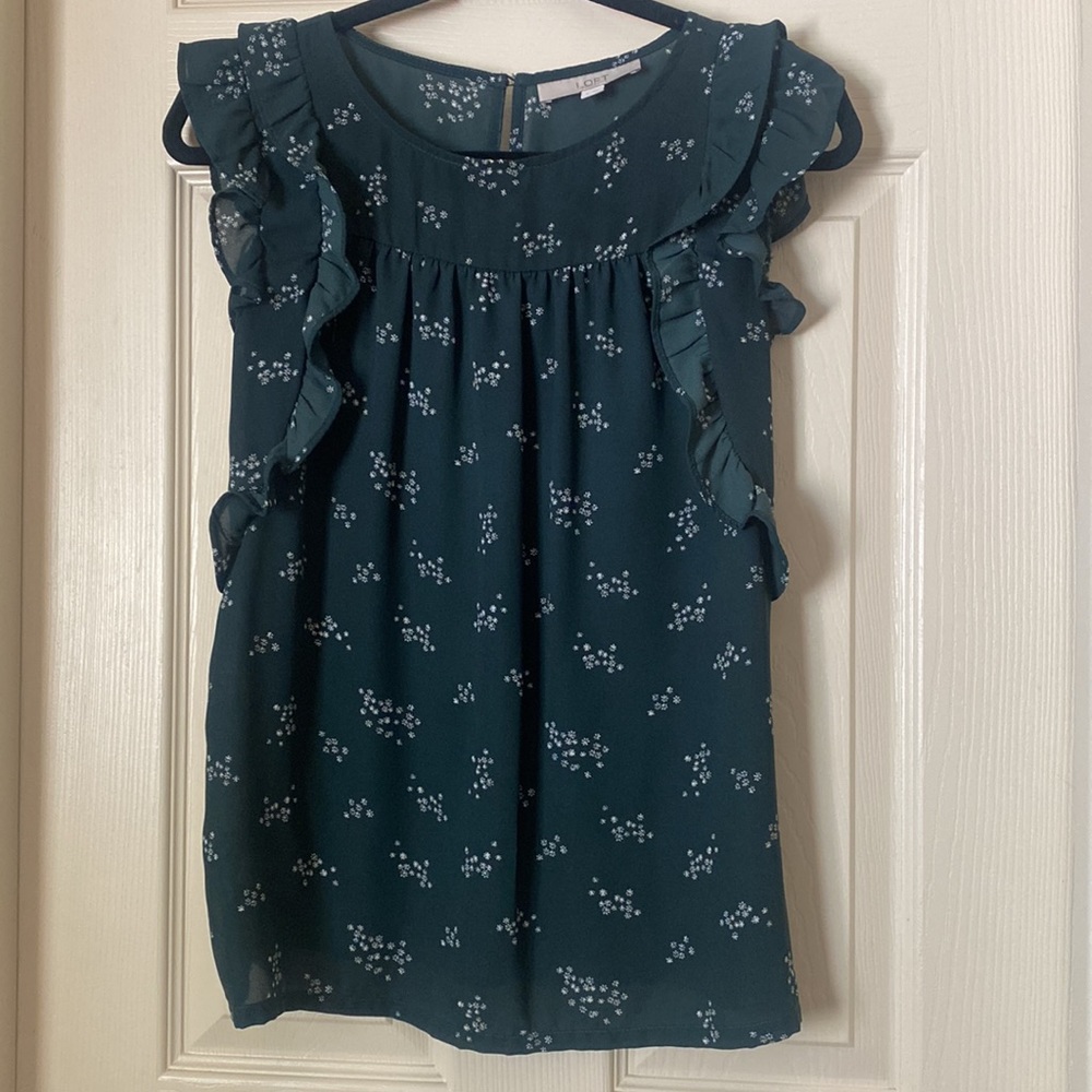 Green LOFT blouse with simple white flowers. Size S
